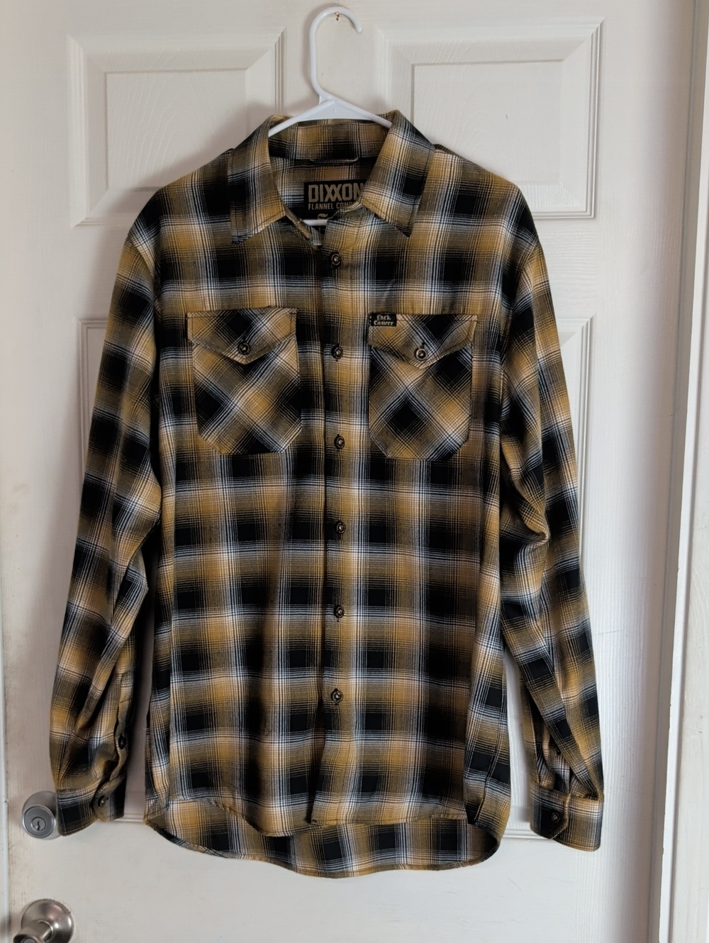 Dixxon Flannel Company Shirt Mens Large Yellow Black Plaid Fxck Cancer D-Tech